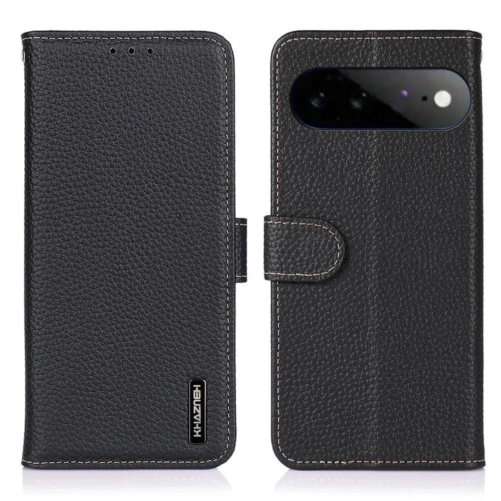 KHAZNEH For Google Pixel 11 Pro XL Wallet Case Litchi Texture Genuine Cow Leather Flip Phone Cover - Black - 1