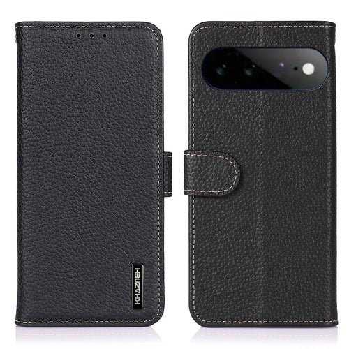 KHAZNEH For Google Pixel 11 Pro XL Wallet Case Litchi Texture Genuine Cow Leather Flip Phone Cover - Black - 1
