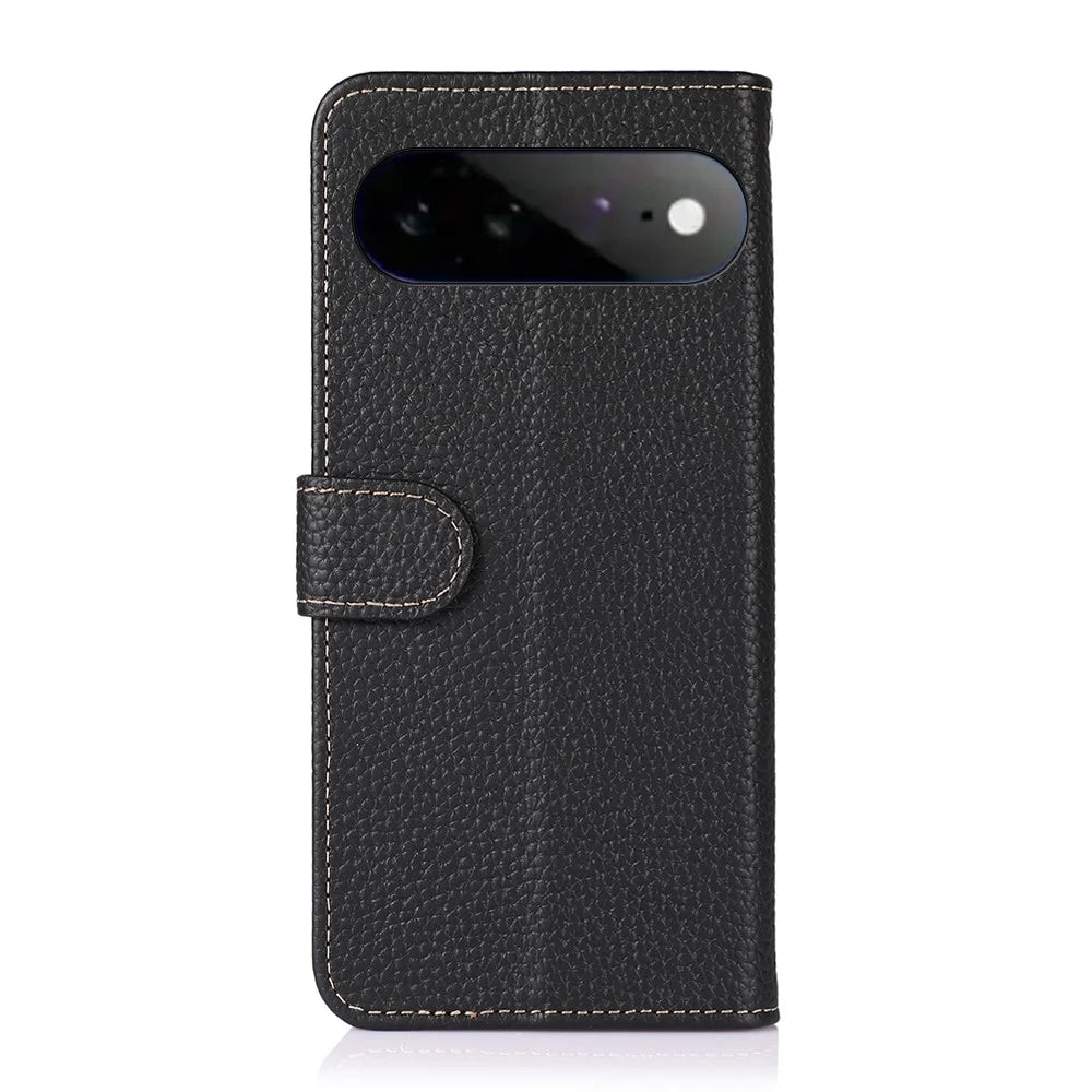 KHAZNEH For Google Pixel 11 Pro XL Wallet Case Litchi Texture Genuine Cow Leather Flip Phone Cover - Black - 6