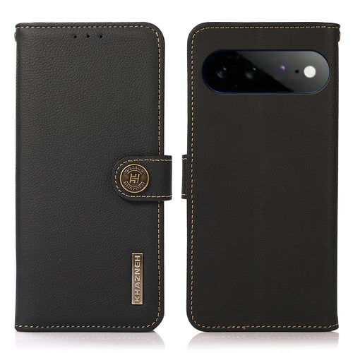 KHAZNEH for Google Pixel 11 Pro XL Case Genuine Cow Leather RFID Blocking Wallet Phone Cover - Black - 1