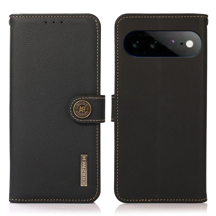 KHAZNEH for Google Pixel 11 Pro XL Case Genuine Cow Leather RFID Blocking Wallet Phone Cover - Black - 1