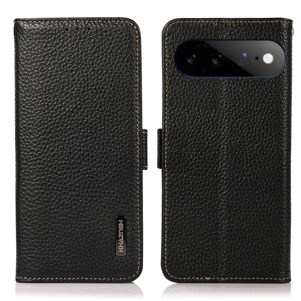 KHAZNEH for Google Pixel 11 Pro XL Phone Case Litchi Texture Genuine Cow Leather Cover RFID Blocking - Black - 1