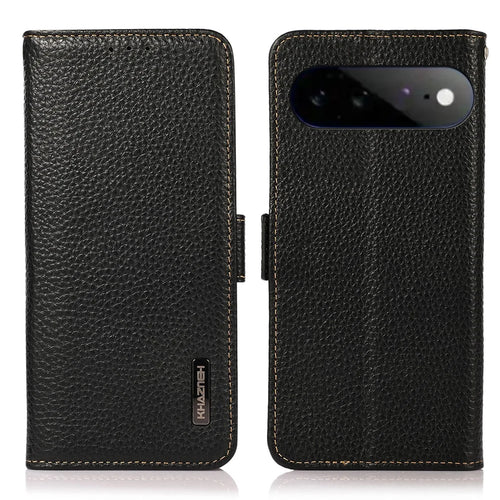 KHAZNEH for Google Pixel 11 Pro XL Phone Case Litchi Texture Genuine Cow Leather Cover RFID Blocking - Black - 1