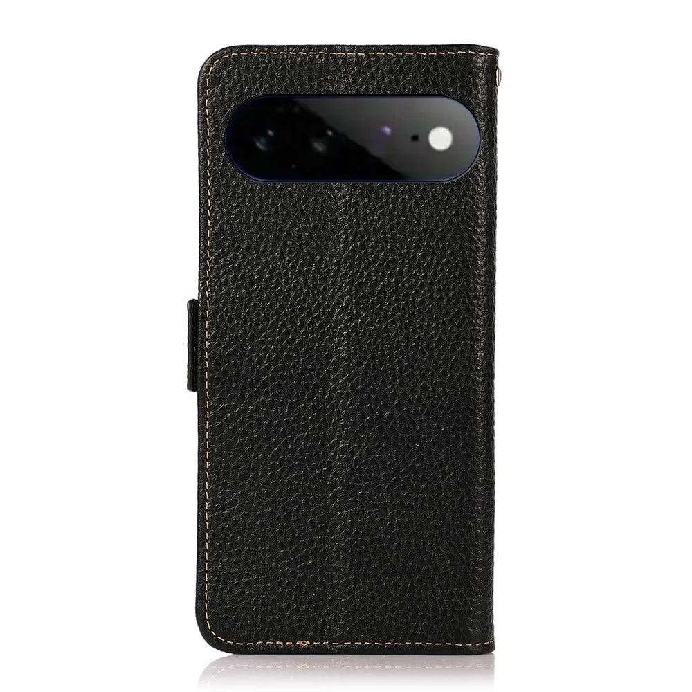 KHAZNEH for Google Pixel 11 Pro XL Phone Case Litchi Texture Genuine Cow Leather Cover RFID Blocking - Black - 7