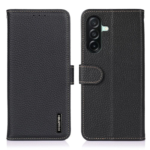 KHAZNEH For Samsung Galaxy A27 5G Wallet Case Litchi Texture Genuine Cow Leather Flip Phone Cover - Black - 1