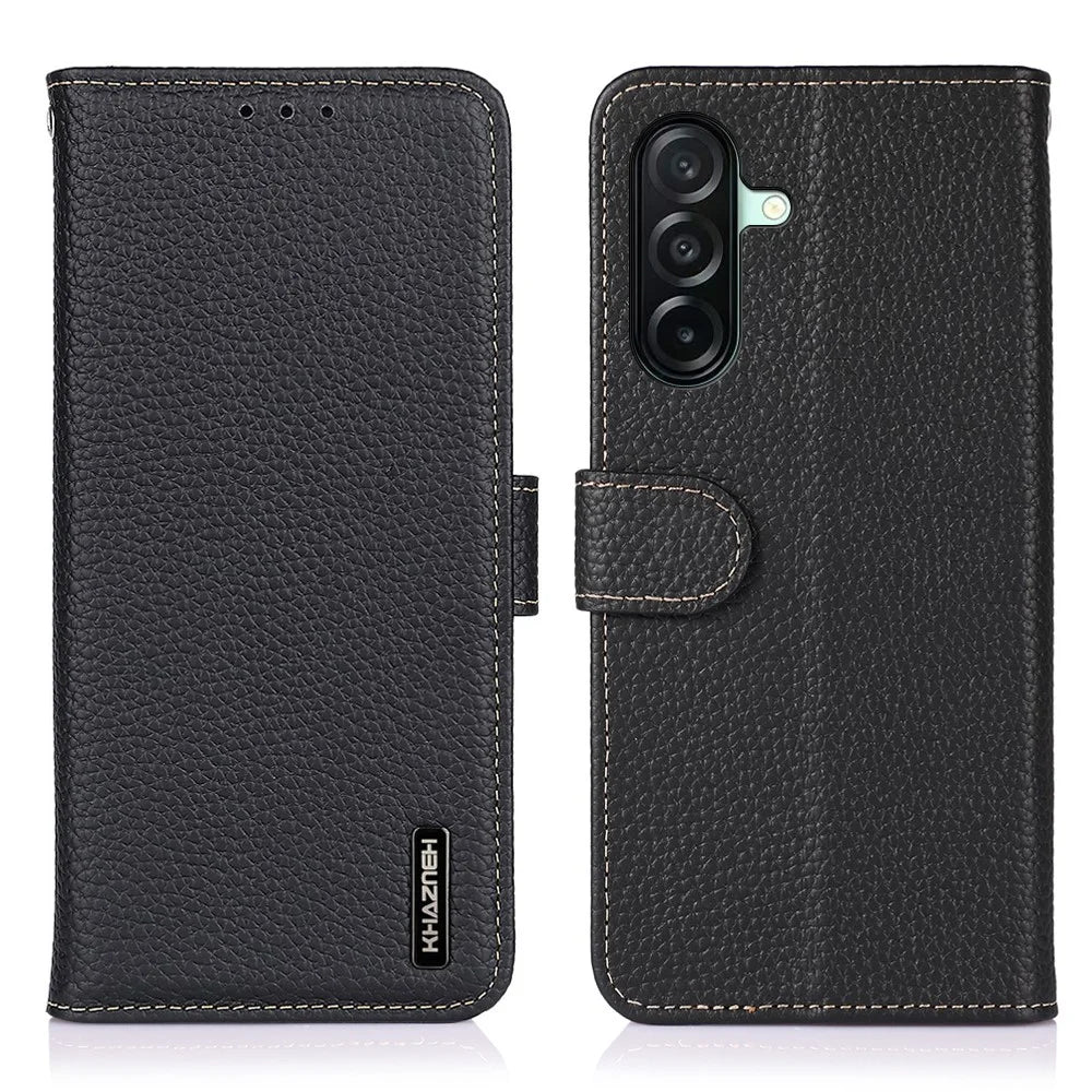 KHAZNEH For Samsung Galaxy A27 5G Wallet Case Litchi Texture Genuine Cow Leather Flip Phone Cover - Black - 1