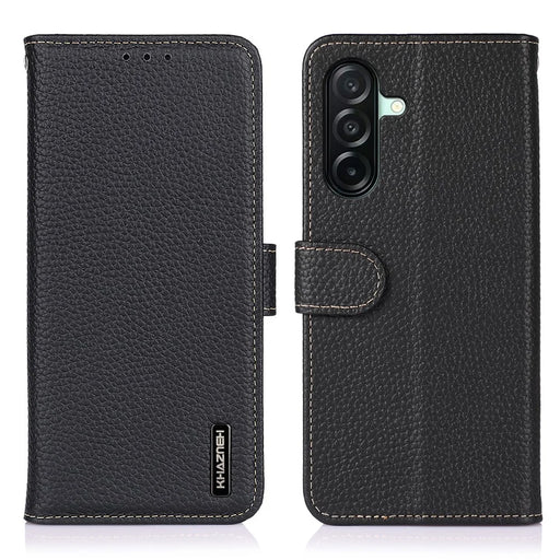 KHAZNEH For Samsung Galaxy A27 5G Wallet Case Litchi Texture Genuine Cow Leather Flip Phone Cover - Black - 1