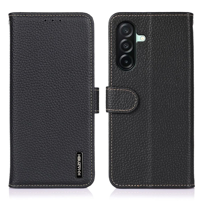 KHAZNEH For Samsung Galaxy A27 5G Wallet Case Litchi Texture Genuine Cow Leather Flip Phone Cover - Black - 1
