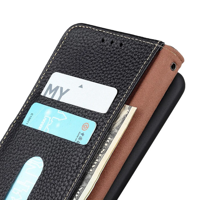 KHAZNEH For Samsung Galaxy A27 5G Wallet Case Litchi Texture Genuine Cow Leather Flip Phone Cover - Black - 5