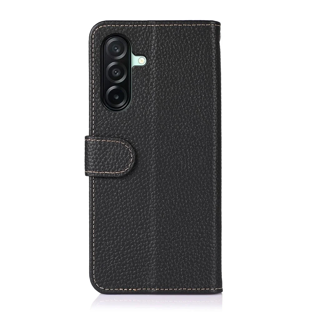 KHAZNEH For Samsung Galaxy A27 5G Wallet Case Litchi Texture Genuine Cow Leather Flip Phone Cover - Black - 6