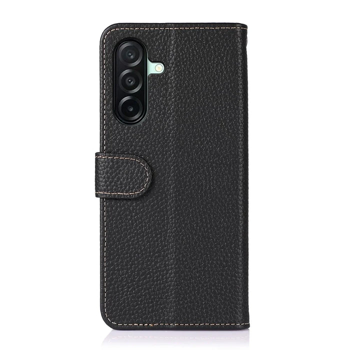 KHAZNEH For Samsung Galaxy A27 5G Wallet Case Litchi Texture Genuine Cow Leather Flip Phone Cover - Black - 6