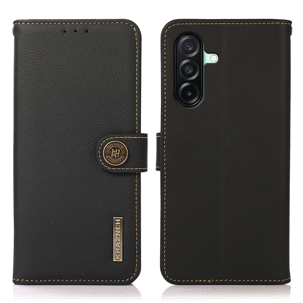 KHAZNEH for Samsung Galaxy A27 5G Case Genuine Cow Leather RFID Blocking Wallet Phone Cover - Black - 1