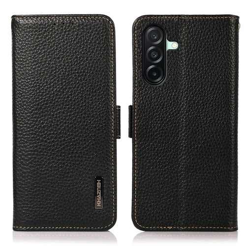 KHAZNEH for Samsung Galaxy A27 5G Phone Case Litchi Texture Genuine Cow Leather Cover RFID Blocking - Black - 1