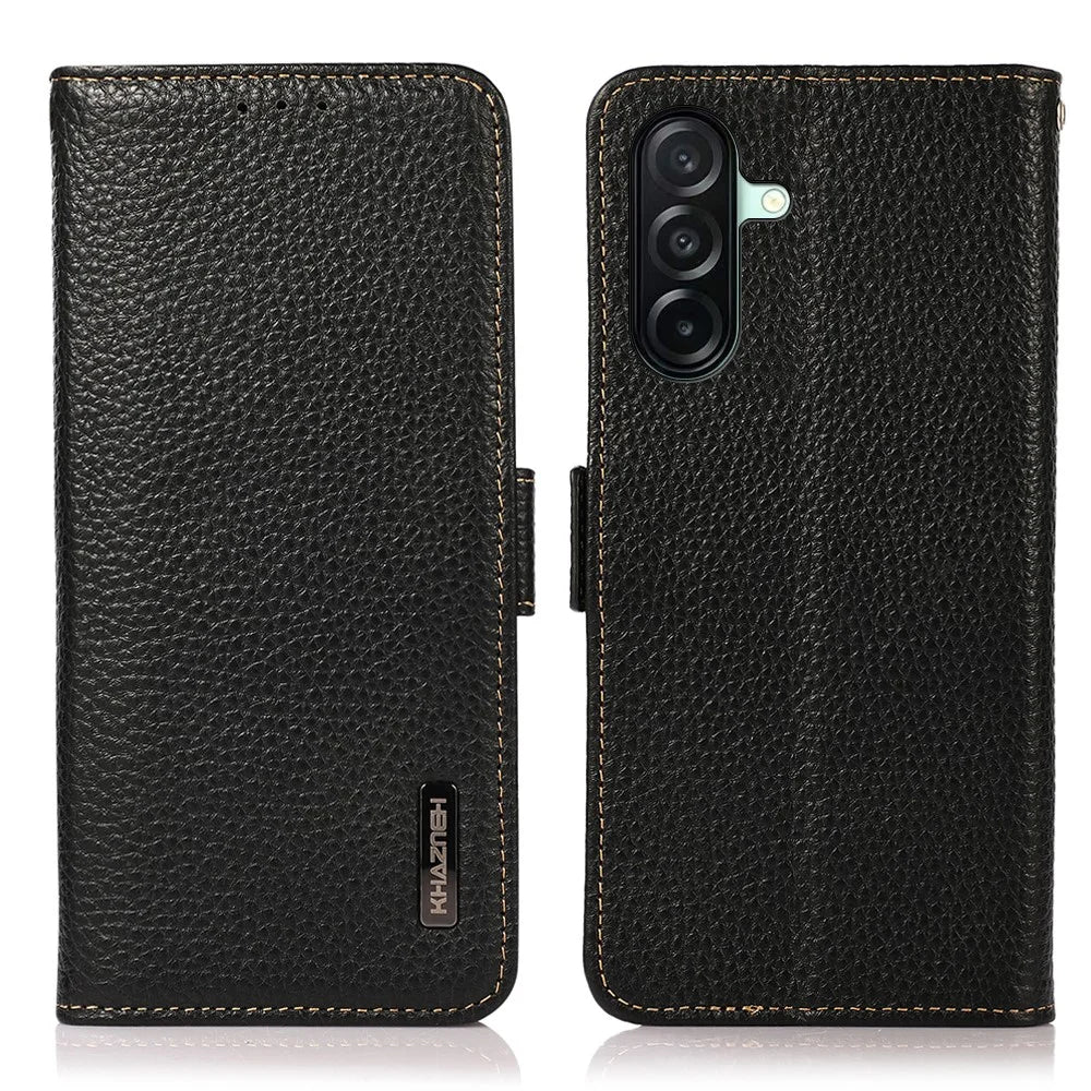 KHAZNEH for Samsung Galaxy A27 5G Phone Case Litchi Texture Genuine Cow Leather Cover RFID Blocking - Black - 1