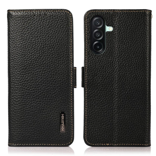 KHAZNEH for Samsung Galaxy A27 5G Phone Case Litchi Texture Genuine Cow Leather Cover RFID Blocking - Black - 1