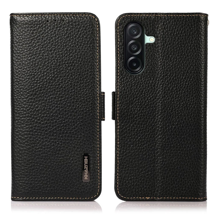KHAZNEH for Samsung Galaxy A27 5G Phone Case Litchi Texture Genuine Cow Leather Cover RFID Blocking - Black - 1