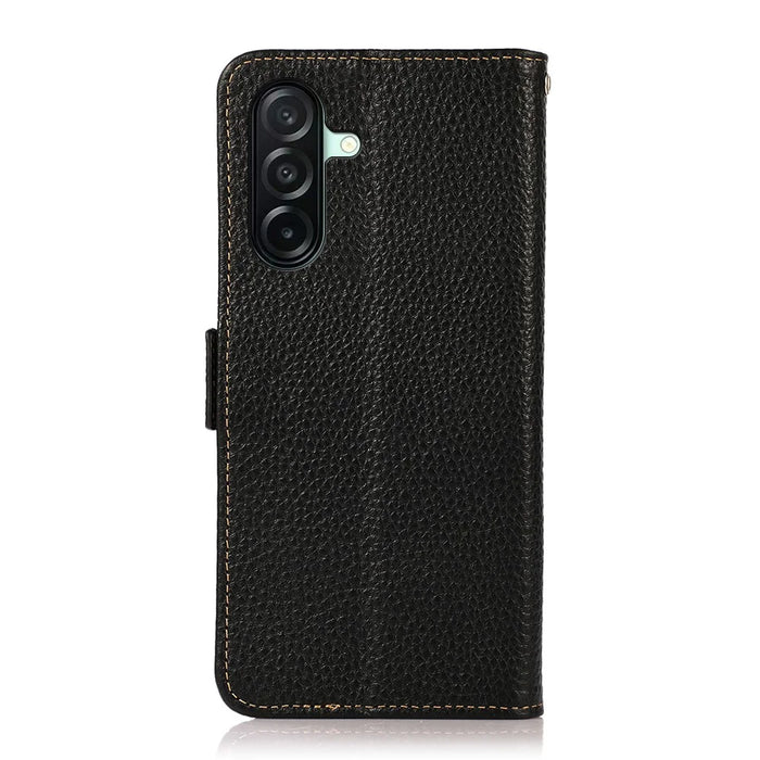 KHAZNEH for Samsung Galaxy A27 5G Phone Case Litchi Texture Genuine Cow Leather Cover RFID Blocking - Black - 7
