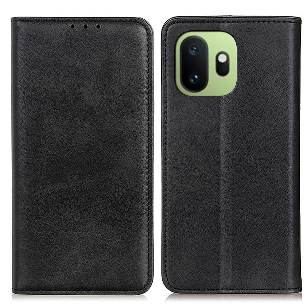 For OnePlus 15T 5G Case Cowhide Texture Split Leather Flip Wallet Phone Cover - Black - 1