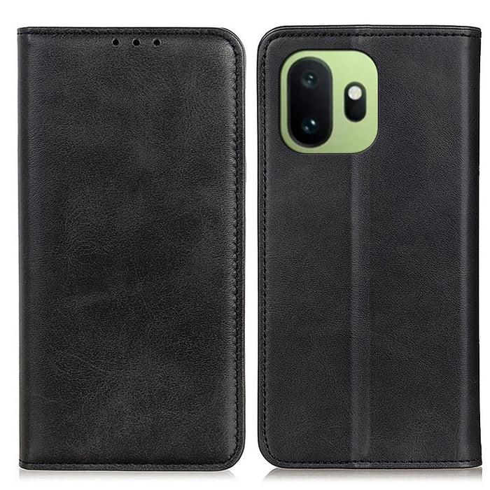 For OnePlus 15T 5G Case Cowhide Texture Split Leather Flip Wallet Phone Cover - Black - 1