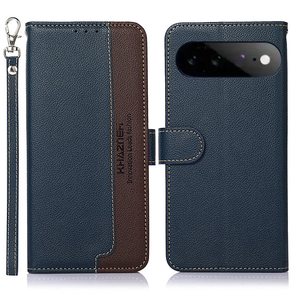 KHAZNEH For Google Pixel 11 Pro XL Case RFID Blocking Wallet Litchi Texture PU Leather Phone Cover with Strap - Blue - 1