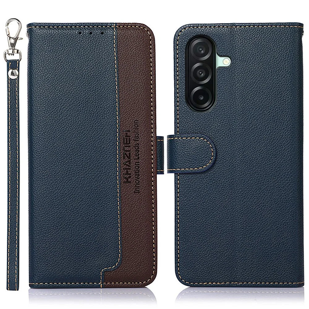 KHAZNEH For Samsung Galaxy A27 5G Case RFID Blocking Wallet Litchi Texture PU Leather Phone Cover with Strap - Blue - 1