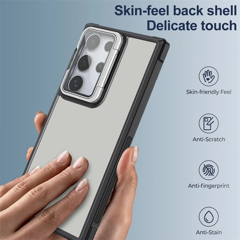 For Samsung Galaxy S26 Ultra Case with Lens Cover Kickstand Skin-Touch PC+TPU Phone Protector - Black - 6