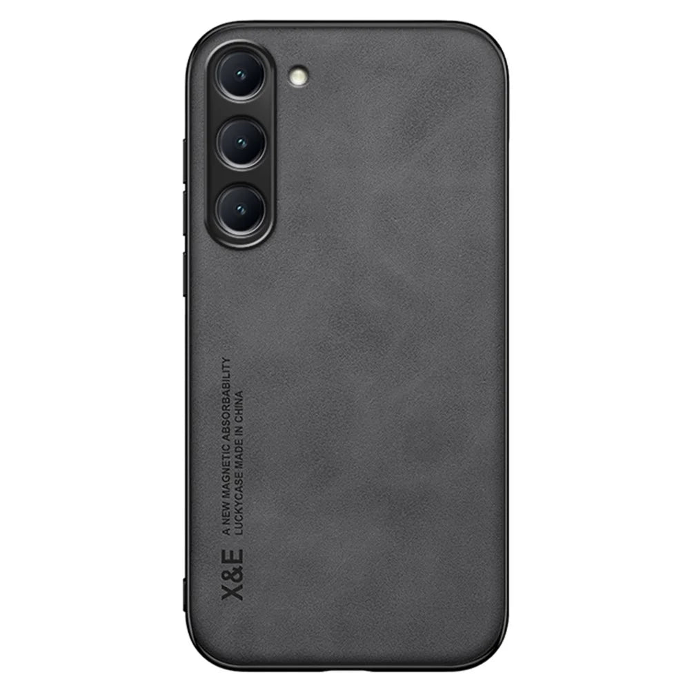 X&E For Samsung Galaxy S23+ Skin-touch PU Leather Coated TPU+PC Hybrid Case Anti-scratch Phone Cover with Built-in Metal Sheet - Dark Grey - 1