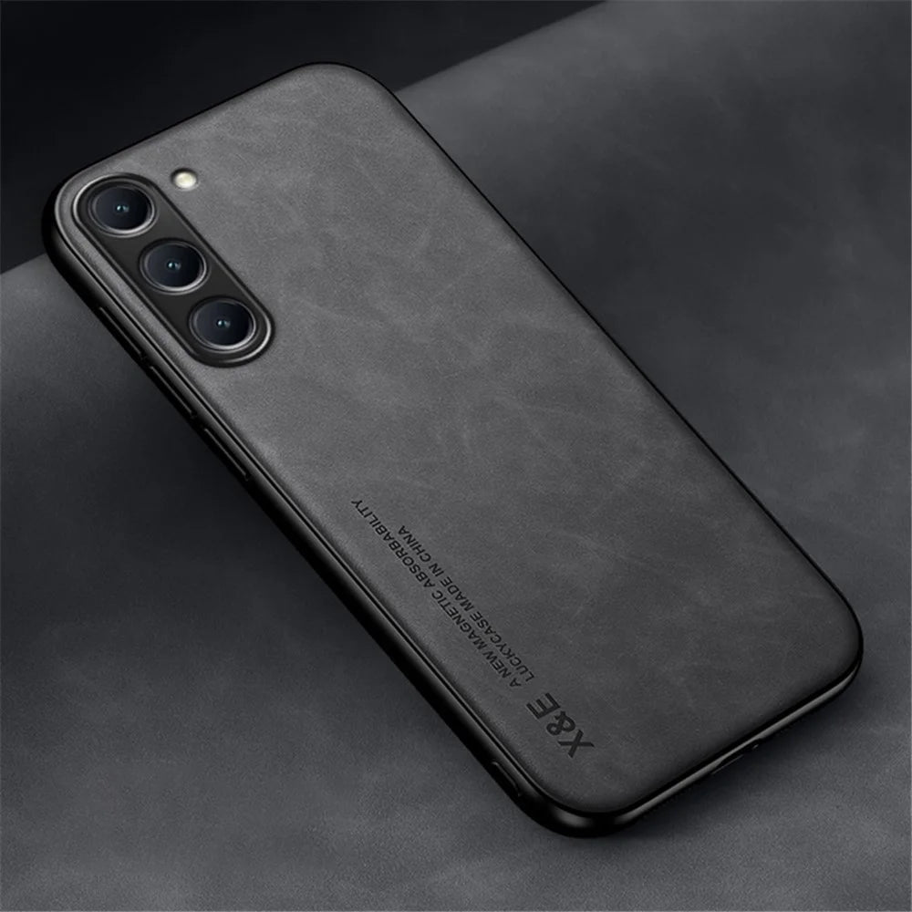 X&E For Samsung Galaxy S23+ Skin-touch PU Leather Coated TPU+PC Hybrid Case Anti-scratch Phone Cover with Built-in Metal Sheet - Dark Grey - 2