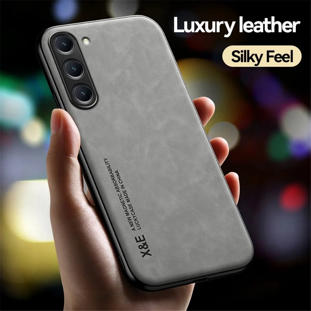 X&E For Samsung Galaxy S23+ Skin-touch PU Leather Coated TPU+PC Hybrid Case Anti-scratch Phone Cover with Built-in Metal Sheet - Dark Grey - 3