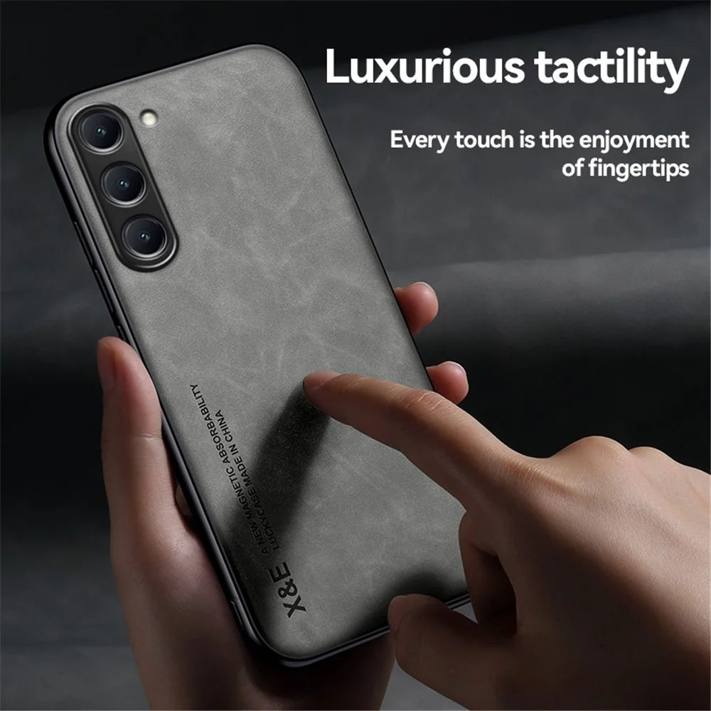 X&E For Samsung Galaxy S23+ Skin-touch PU Leather Coated TPU+PC Hybrid Case Anti-scratch Phone Cover with Built-in Metal Sheet - Dark Grey - 4