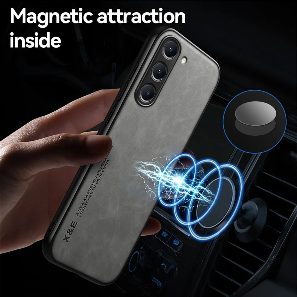 X&E For Samsung Galaxy S23+ Skin-touch PU Leather Coated TPU+PC Hybrid Case Anti-scratch Phone Cover with Built-in Metal Sheet - Dark Grey - 5