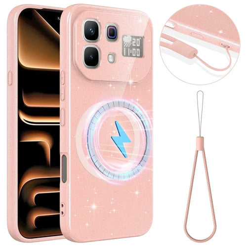 Magnetic Case For Infinix Note 60 5G  /  60 Pro 5G Glitter TPU Shockproof Phone Cover with Lanyard - Pink - 1