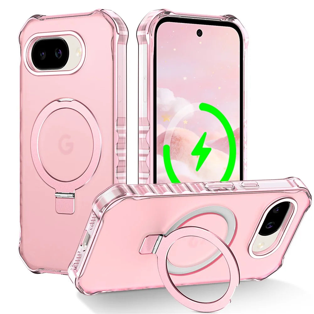 For Google Pixel 10a Magnetic Case Matte Kickstand Hybrid Phone Cover Small Wavy Edge - Pink - 1