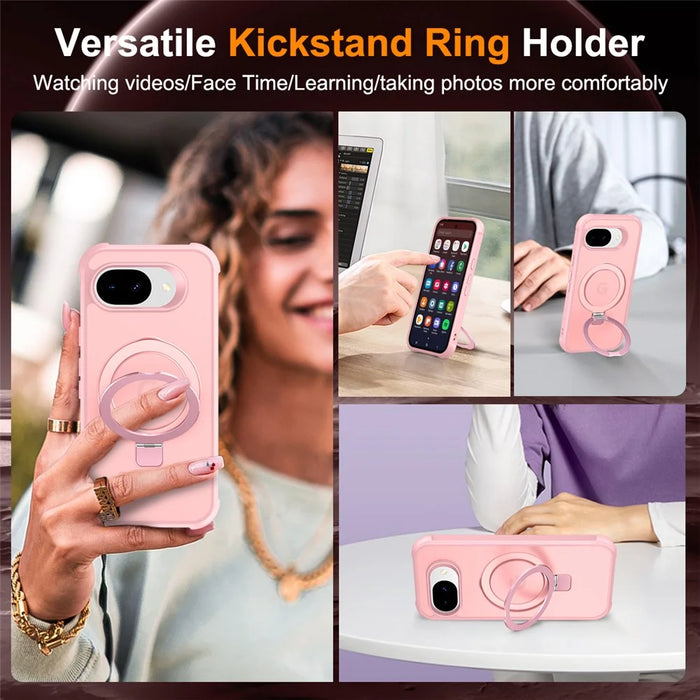 For Google Pixel 10a Magnetic Case Ring Holder Kickstand TPU + PC Phone Cover - Pink - 4