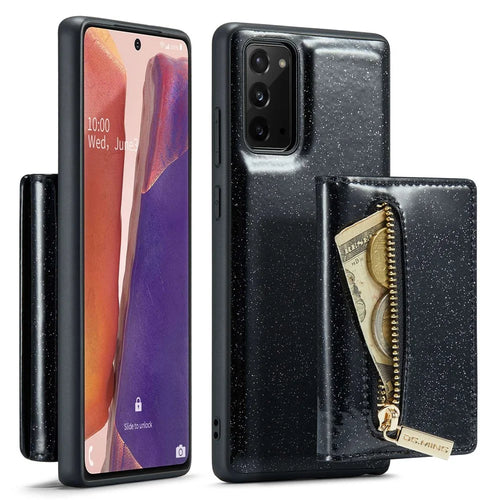 DG.MING M3 Series For Samsung Galaxy Note20/Note20 5G 2-in-1 Detachable Zippered Wallet Phone Case Glittery Magnetic Smartphone Cover Kickstand - Black - 1