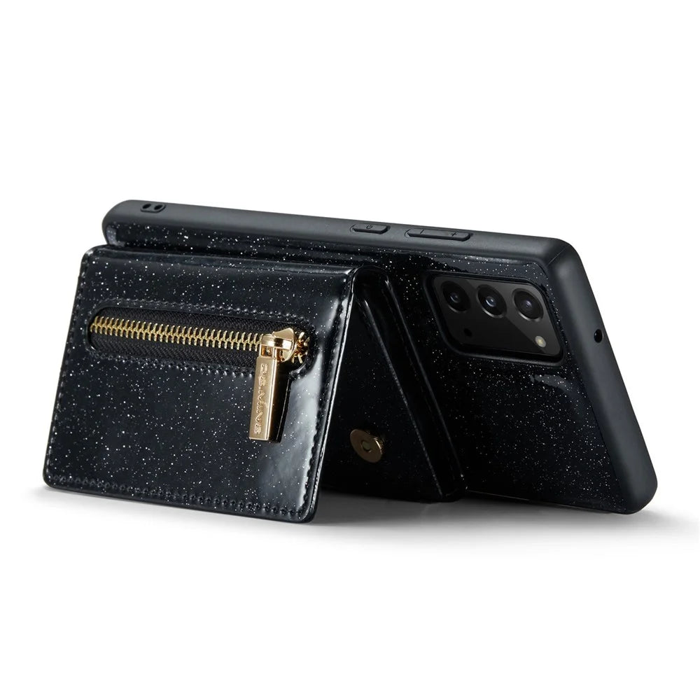 DG.MING M3 Series For Samsung Galaxy Note20/Note20 5G 2-in-1 Detachable Zippered Wallet Phone Case Glittery Magnetic Smartphone Cover Kickstand - Black - 4