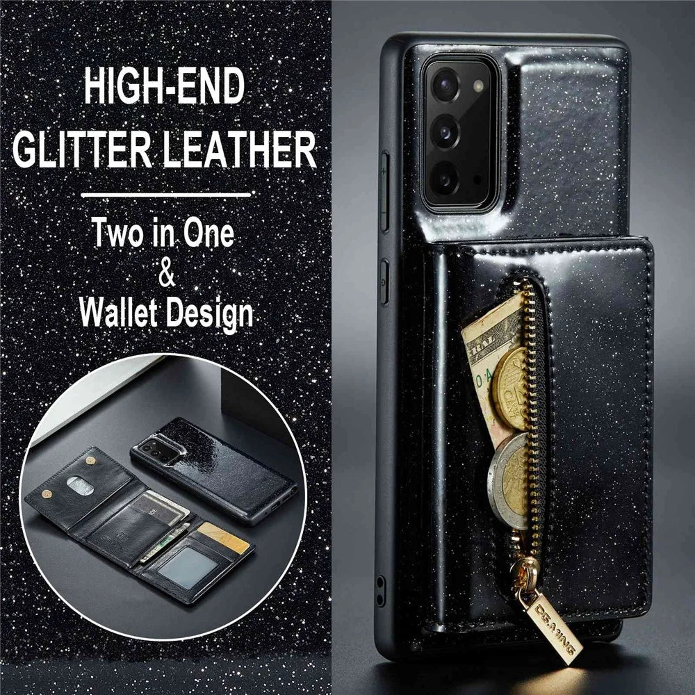 DG.MING M3 Series For Samsung Galaxy Note20/Note20 5G 2-in-1 Detachable Zippered Wallet Phone Case Glittery Magnetic Smartphone Cover Kickstand - Black - 5
