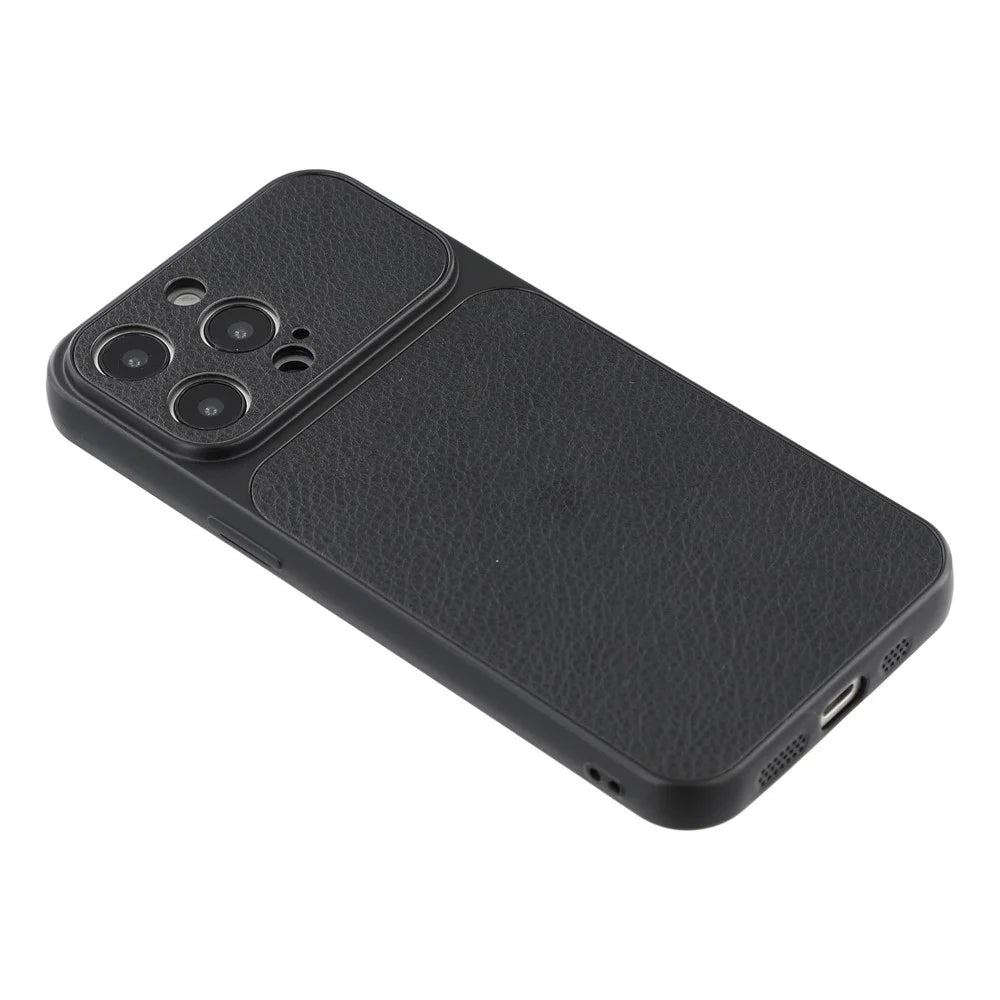 For iPhone 15 Pro Case Sheepskin Texture Leather Coated TPU Phone Cover with Precise Camera Cutouts - Black - 3