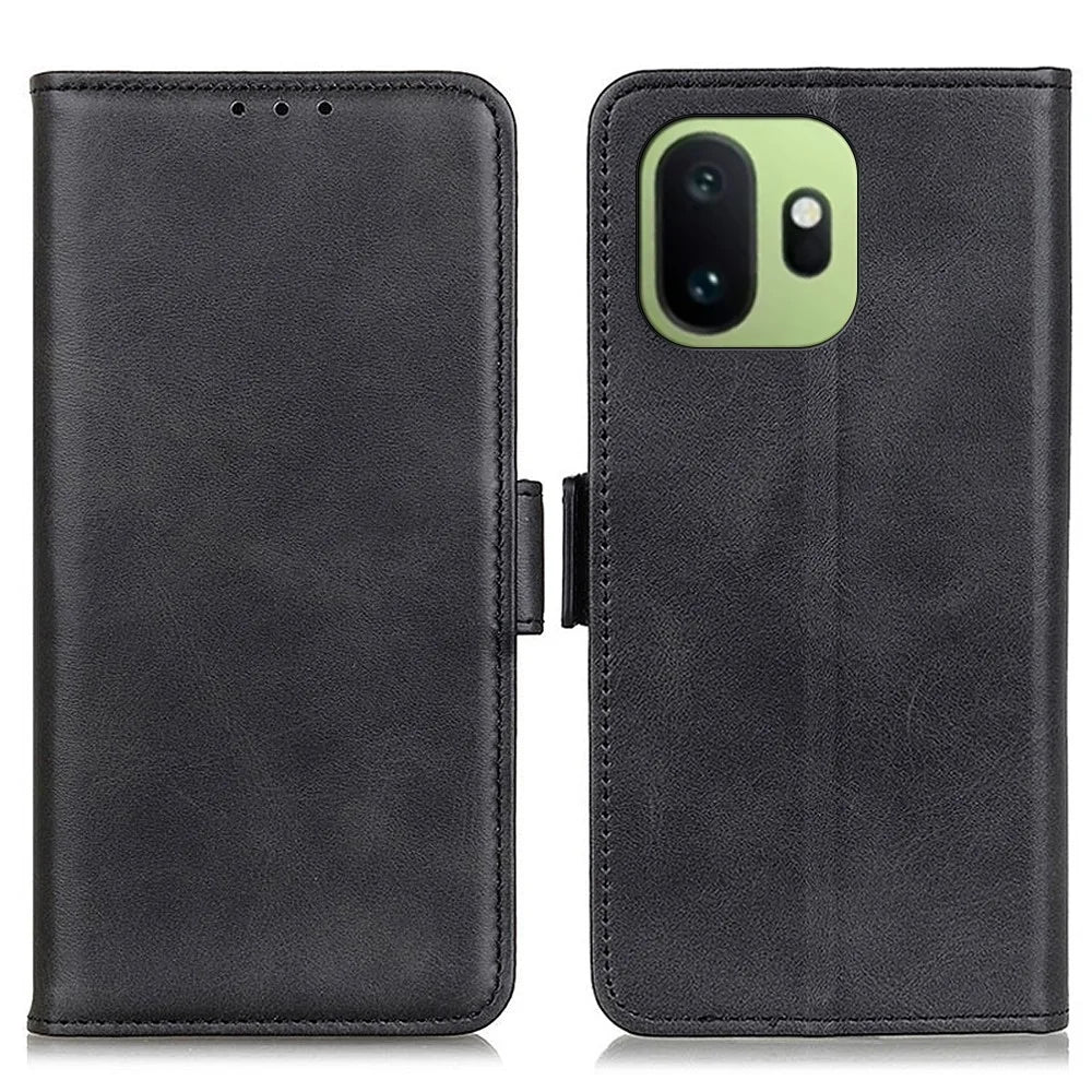 For OnePlus 15T 5G Case Stand Cowhide Texture PU Leather Phone Cover - Black - 1