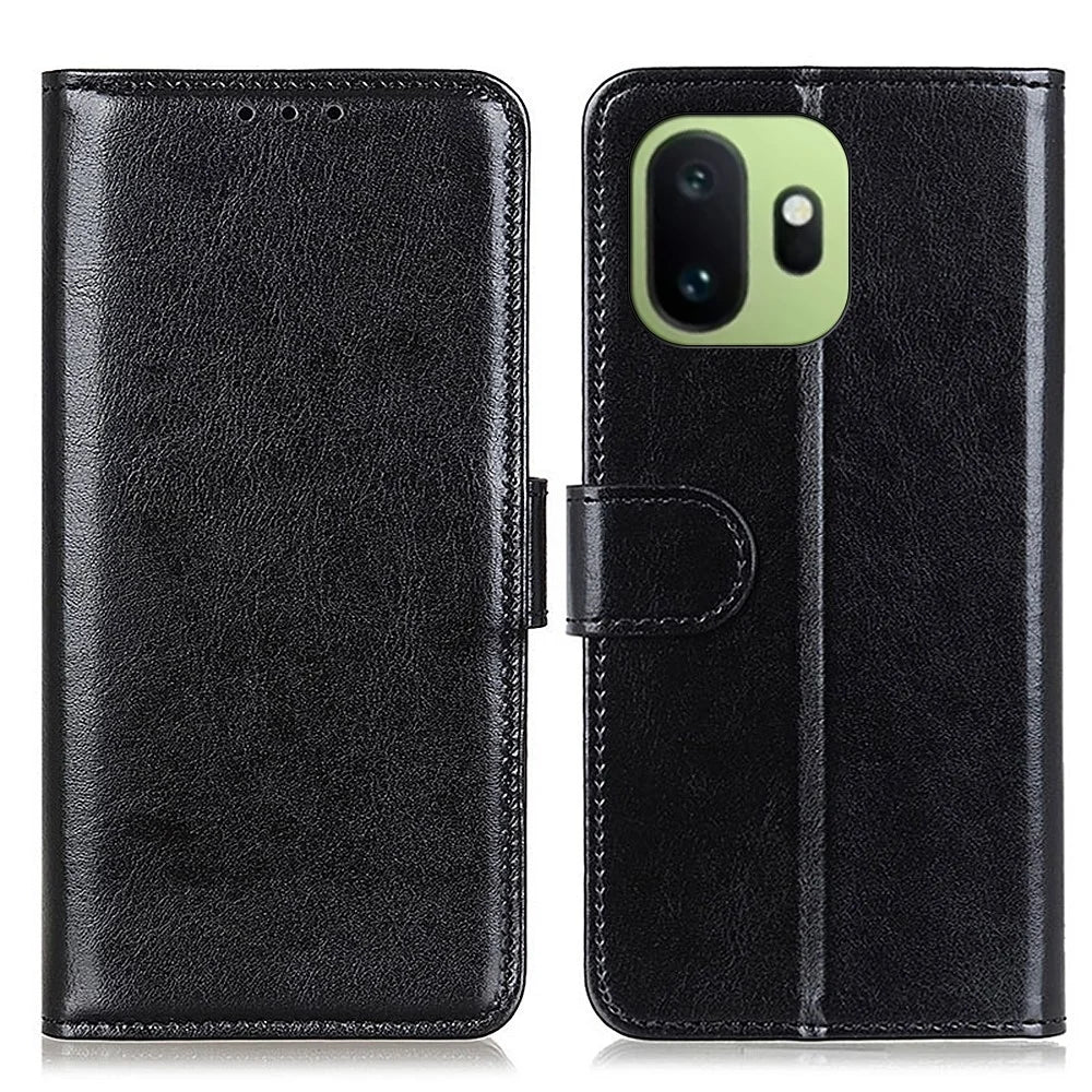 For OnePlus 15T 5G Case Crazy Horse Texture PU Leather Phone Stand Cover - Black - 1