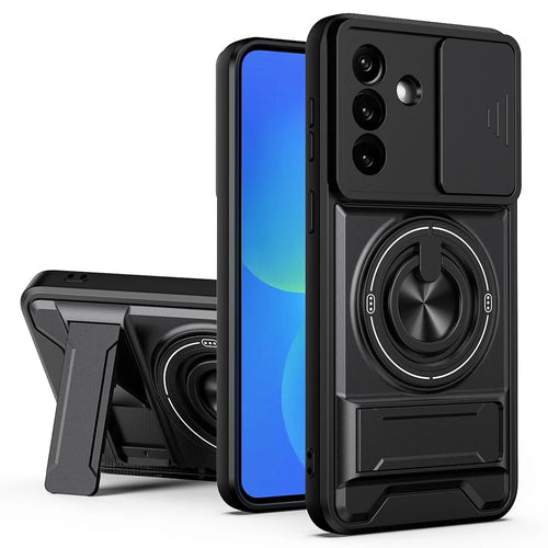 For Samsung Galaxy A57 5G Magnetic Case Ring Holder Foldable Kickstand TPU PC Phone Cover with Camera Lens Slider - Black - 1