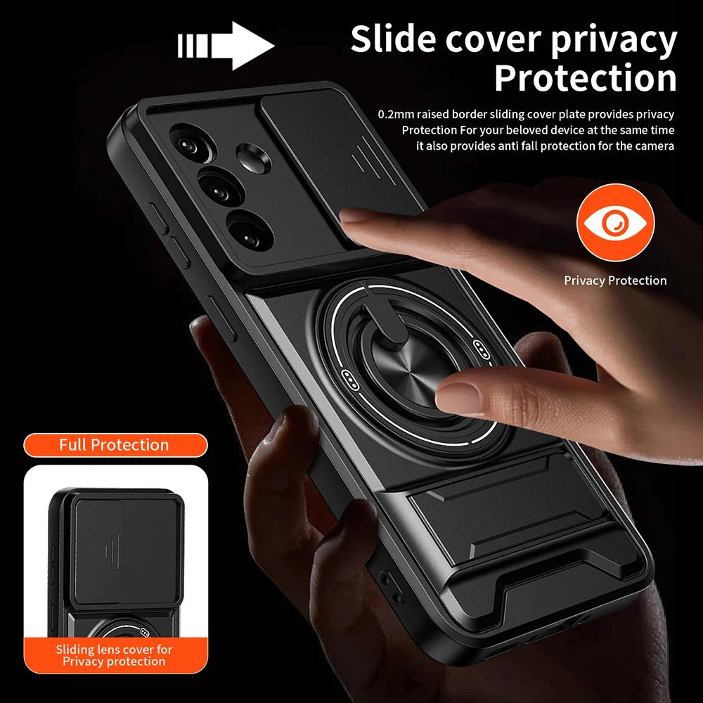 For Samsung Galaxy A57 5G Magnetic Case Ring Holder Foldable Kickstand TPU PC Phone Cover with Camera Lens Slider - Black - 7