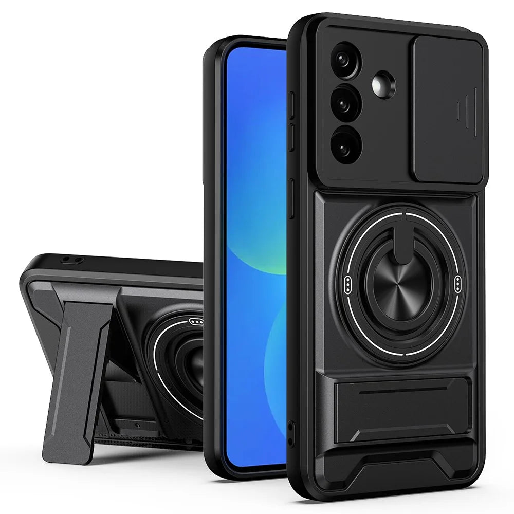 For Samsung Galaxy A27 5G Magnetic Case Ring Holder Foldable Kickstand TPU PC Phone Cover with Camera Lens Slider - Black - 1