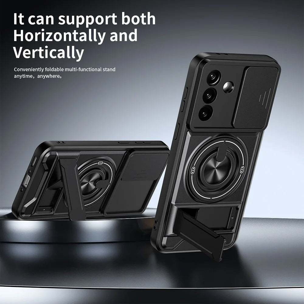 For Samsung Galaxy A27 5G Magnetic Case Ring Holder Foldable Kickstand TPU PC Phone Cover with Camera Lens Slider - Black - 2
