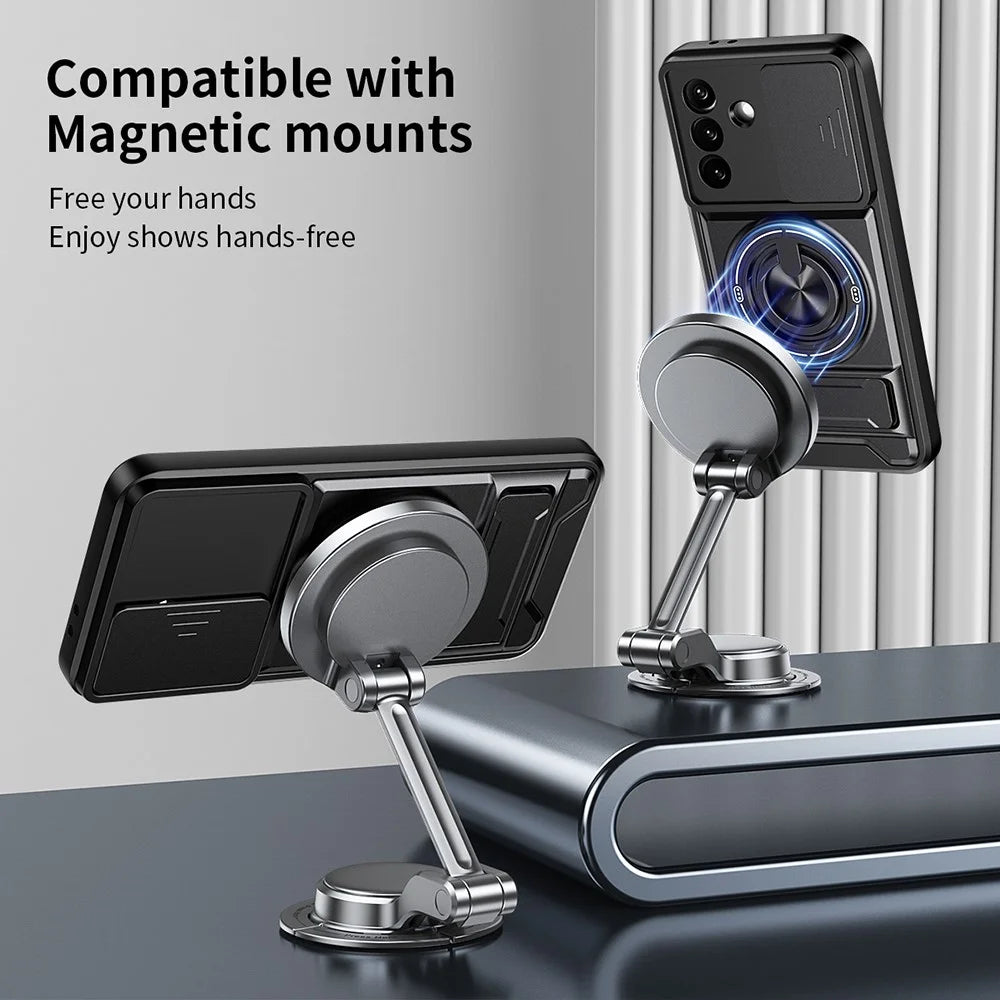 For Samsung Galaxy A27 5G Magnetic Case Ring Holder Foldable Kickstand TPU PC Phone Cover with Camera Lens Slider - Black - 3