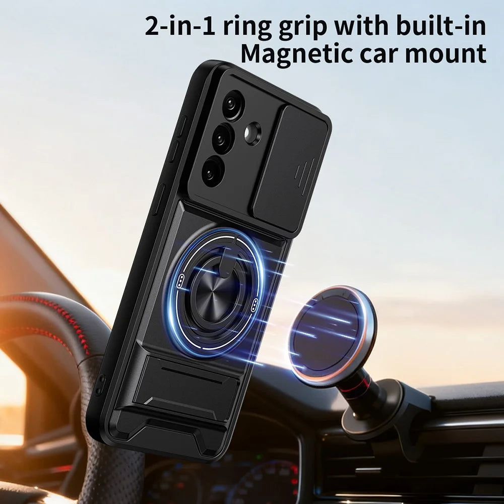 For Samsung Galaxy A27 5G Magnetic Case Ring Holder Foldable Kickstand TPU PC Phone Cover with Camera Lens Slider - Black - 4