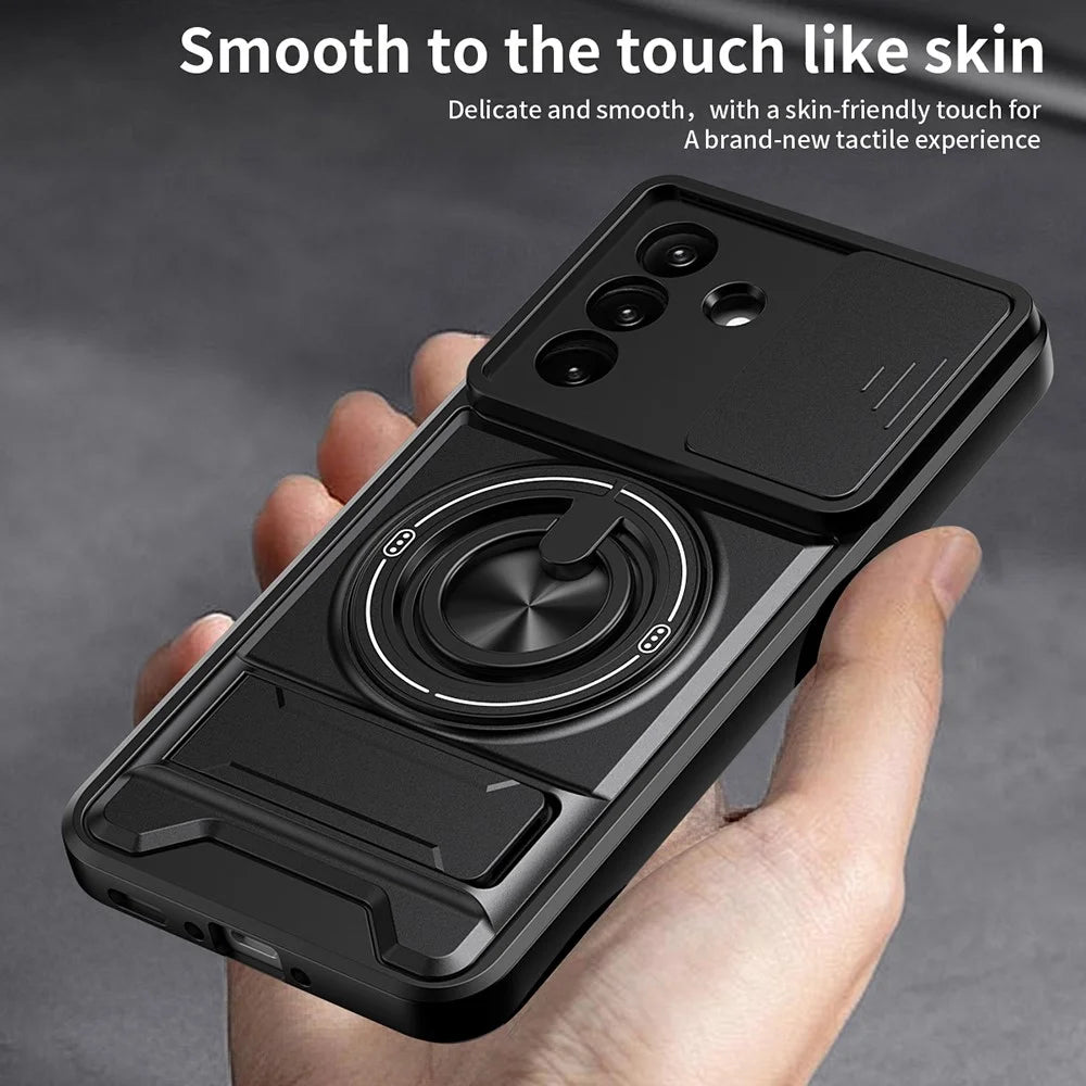 For Samsung Galaxy A27 5G Magnetic Case Ring Holder Foldable Kickstand TPU PC Phone Cover with Camera Lens Slider - Black - 6