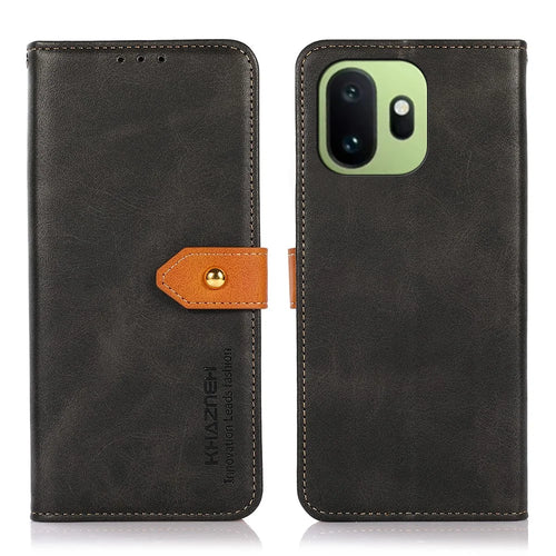 KHAZNEH For OnePlus 15T 5G Wallet Case Gold Magnetic Clasp Cowhide Texture Leather Flip Stand Phone Cover - Black - 1