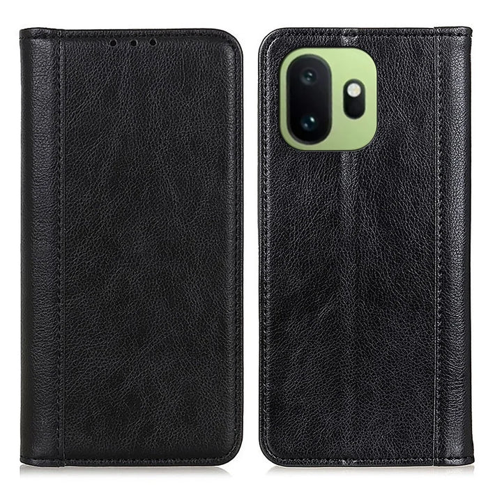 For OnePlus 15T 5G Stand Case Split Leather Litchi Texture Wallet Phone Cover - Black - 1