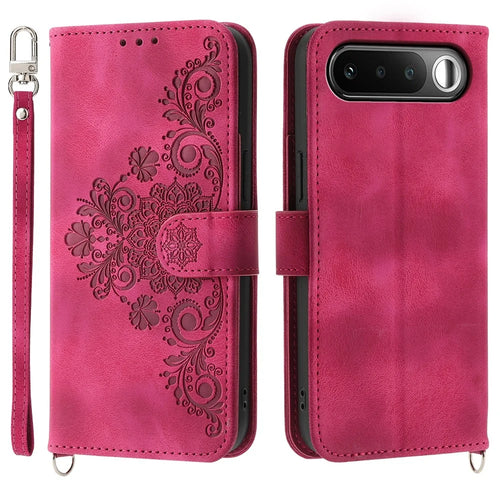 For Realme 16 5G Wallet Case Flower Pattern PU Leather Phone Cover with Strap - Wine Red - 1